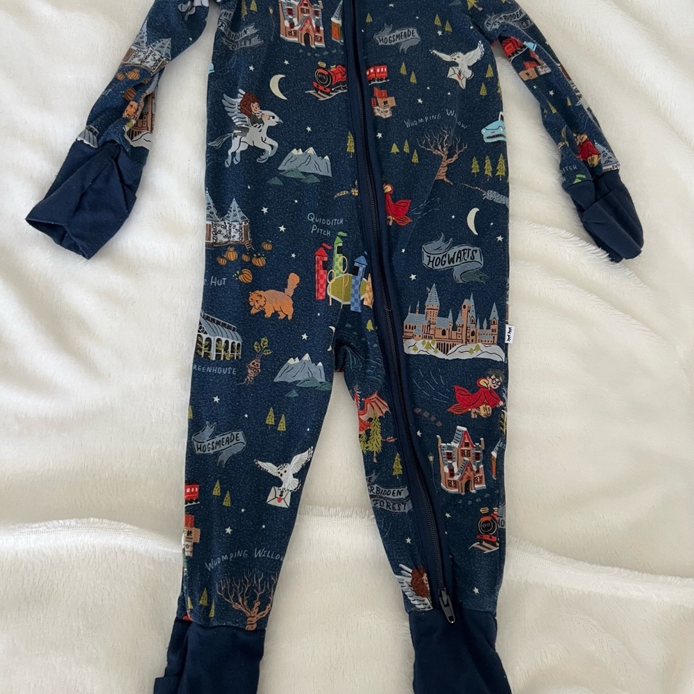 Little Sleepies Kids Footie Pajama - Navy with Harry Potter design.